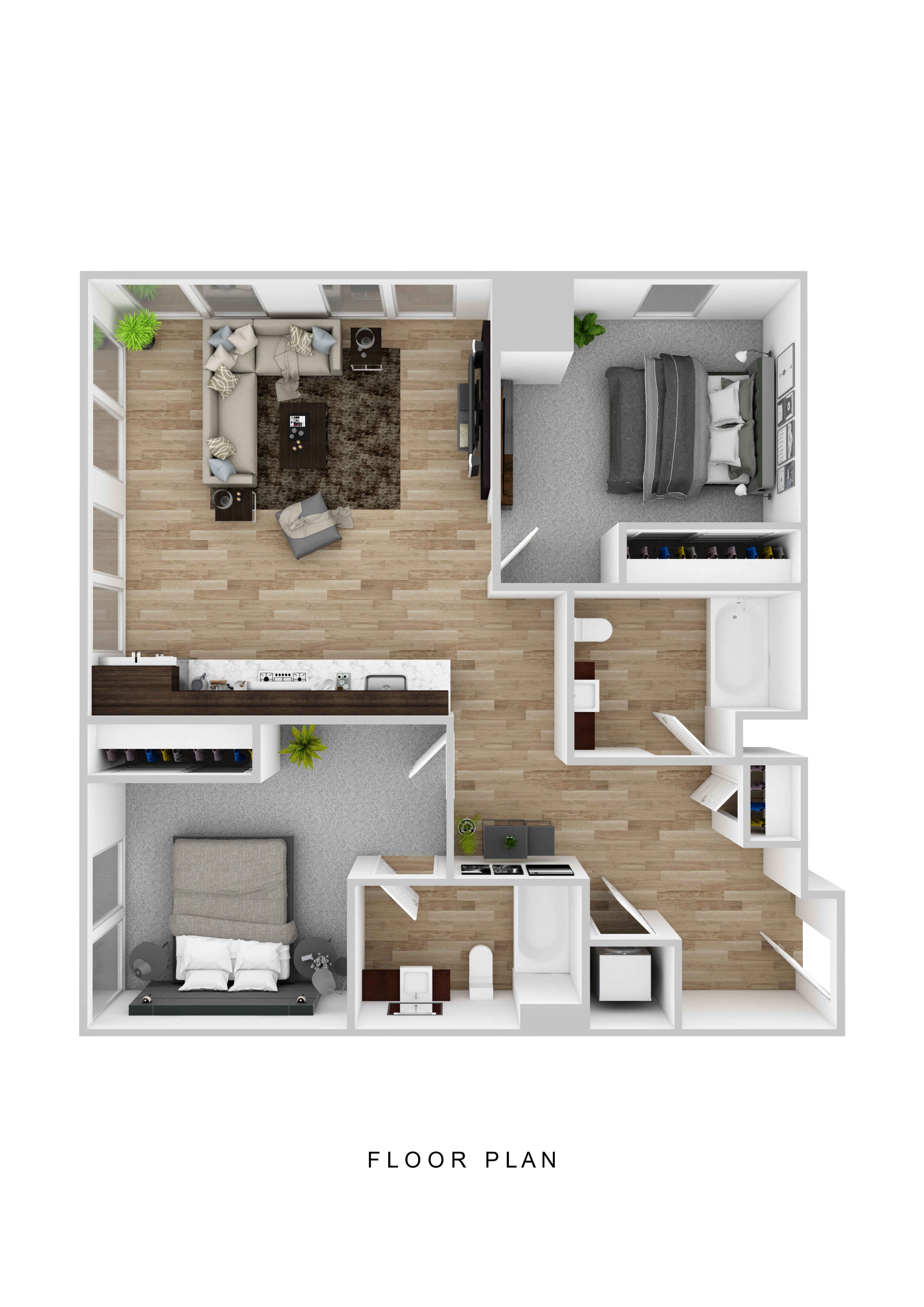 Floor plan for 2 beds, 2 baths, 1033 sqft